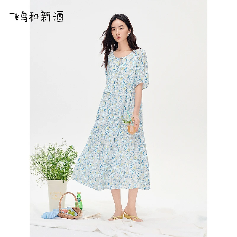 飞鸟和新酒亚麻碎花连衣裙女宽松夏长款宽松显瘦女裙FD53182055