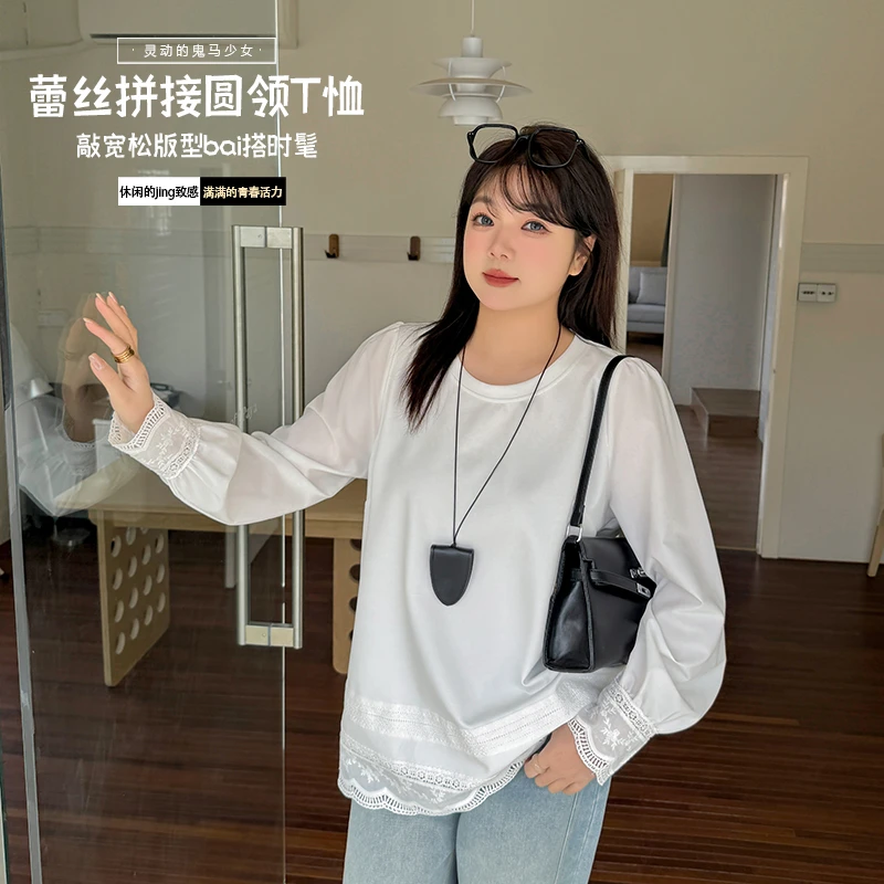 【霏主播推荐】2025春新款大码女装200斤胖m蕾丝拼接圆领T恤-L366