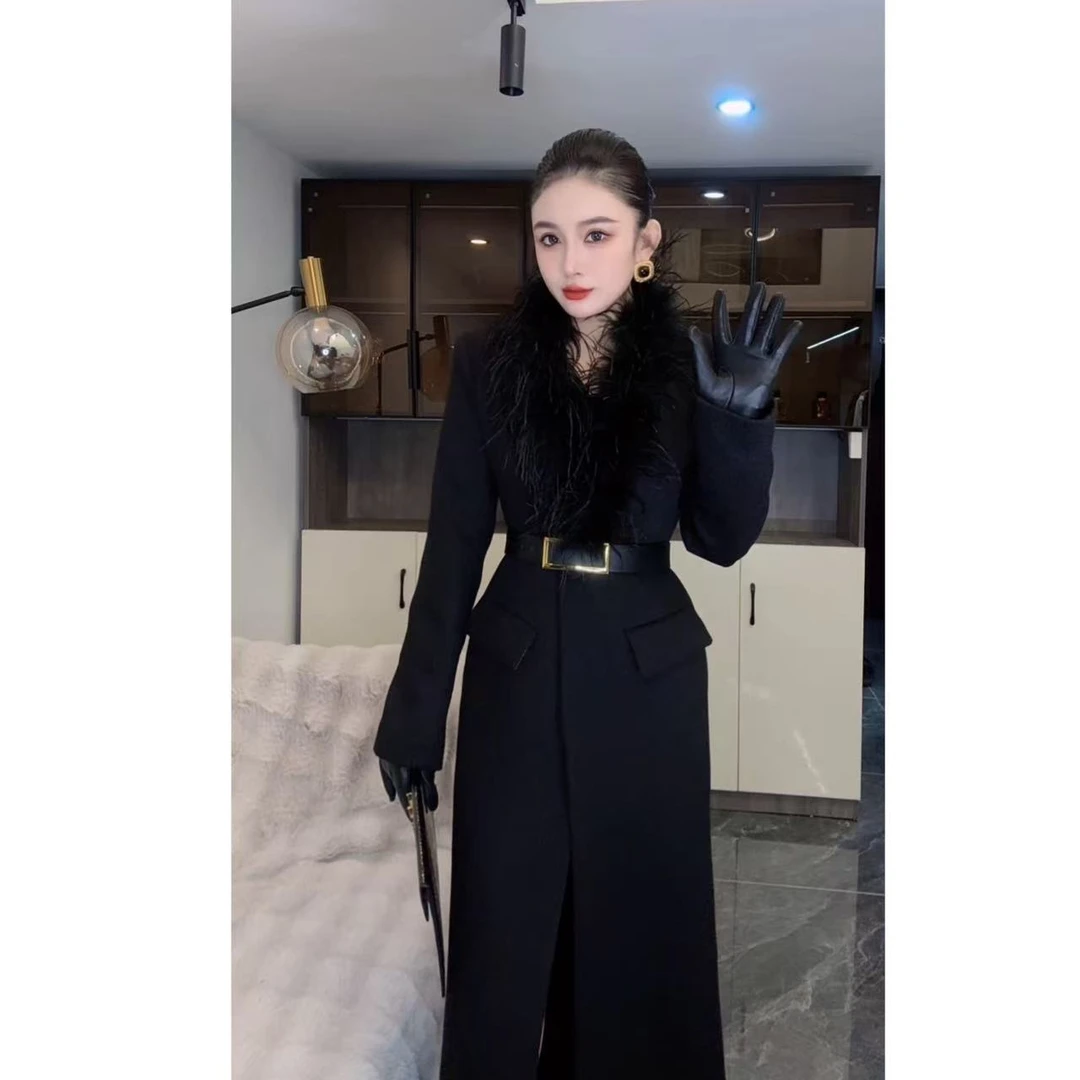 大衣女秋冬高级感鸵鸟毛多穿可拆卸毛领带腰带加棉大衣20135