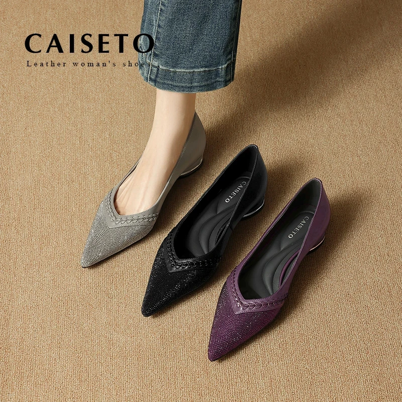 CAISETO 2025秋季新款尖头浅口水钻百搭一脚蹬粗跟真皮单鞋女大码