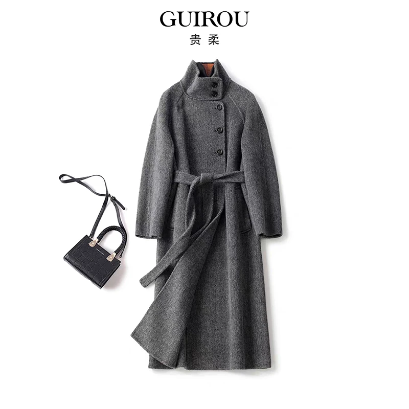 羊毛高级感加厚中长款立领大衣女2025年冬季修身收腰双面呢外套