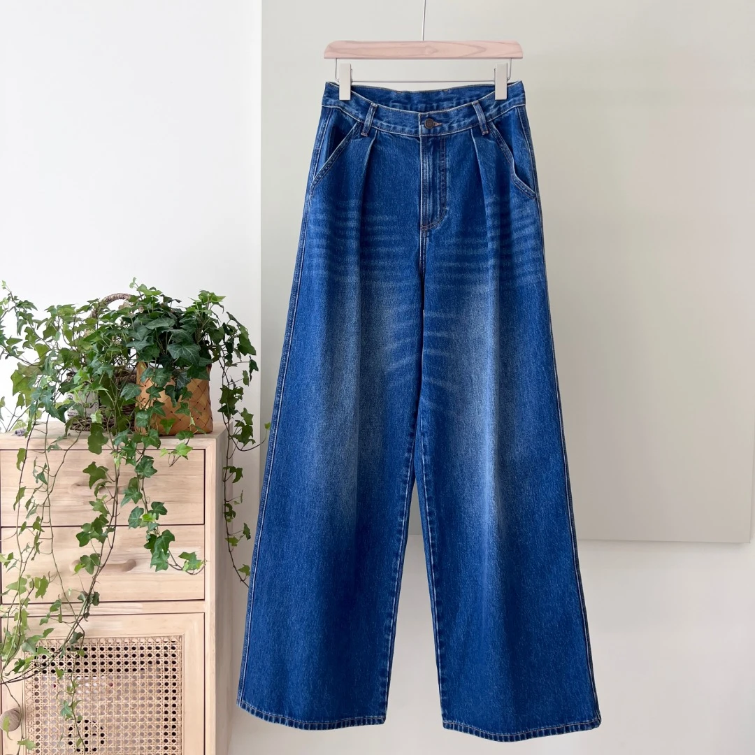 压褶阔腿牛仔裤9607