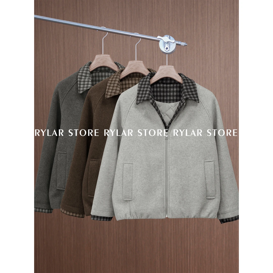 『致雅格纹』冬季撞色格纹领拼接哈灵顿休闲拉链夹克外套上衣男