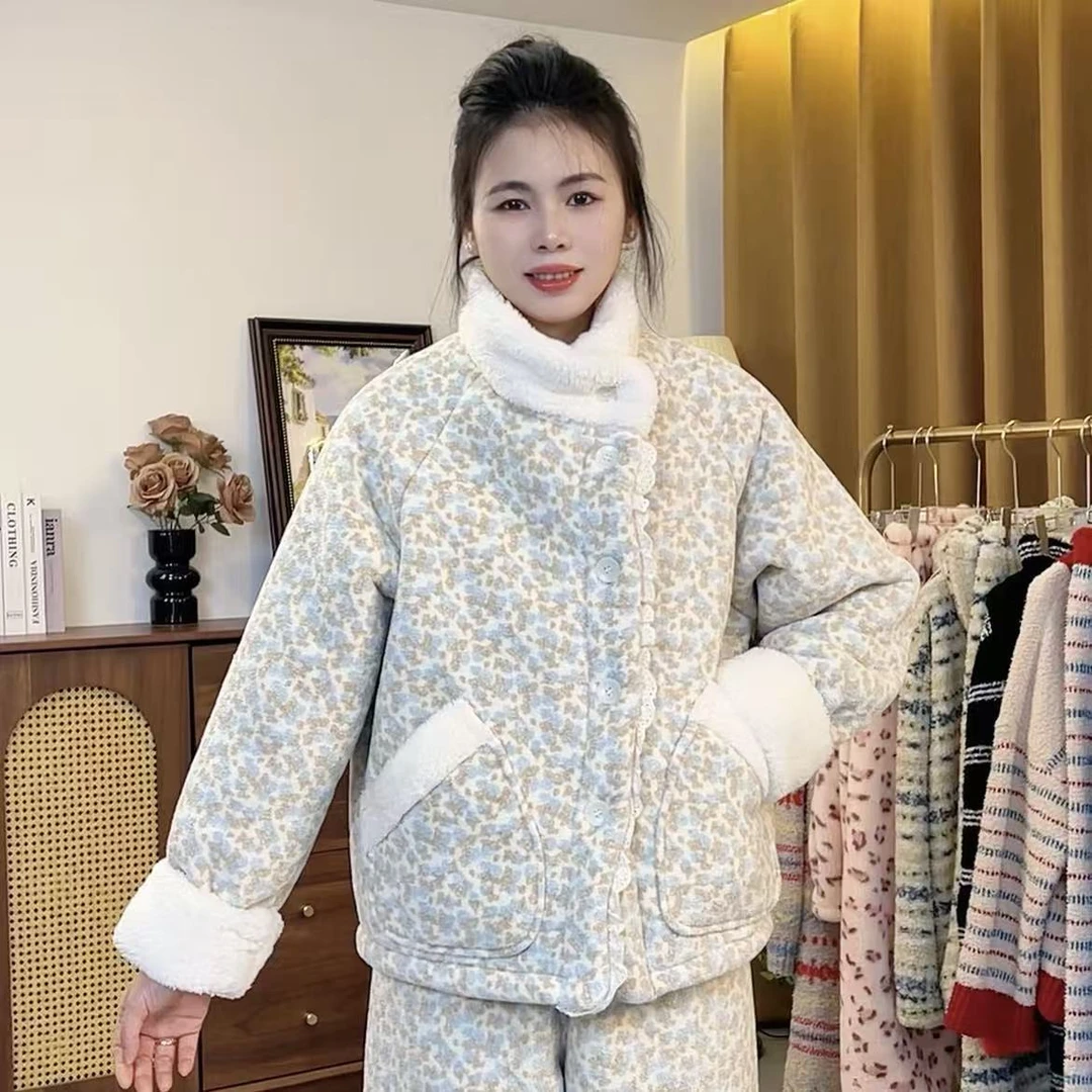 【2026定制】法式立领定制冬季双层加厚加绒睡衣家居服套装网红保暖