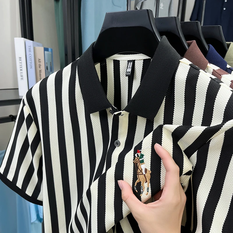 商务休闲夏季刺绣条纹短袖Polo衫时尚男装t恤polo