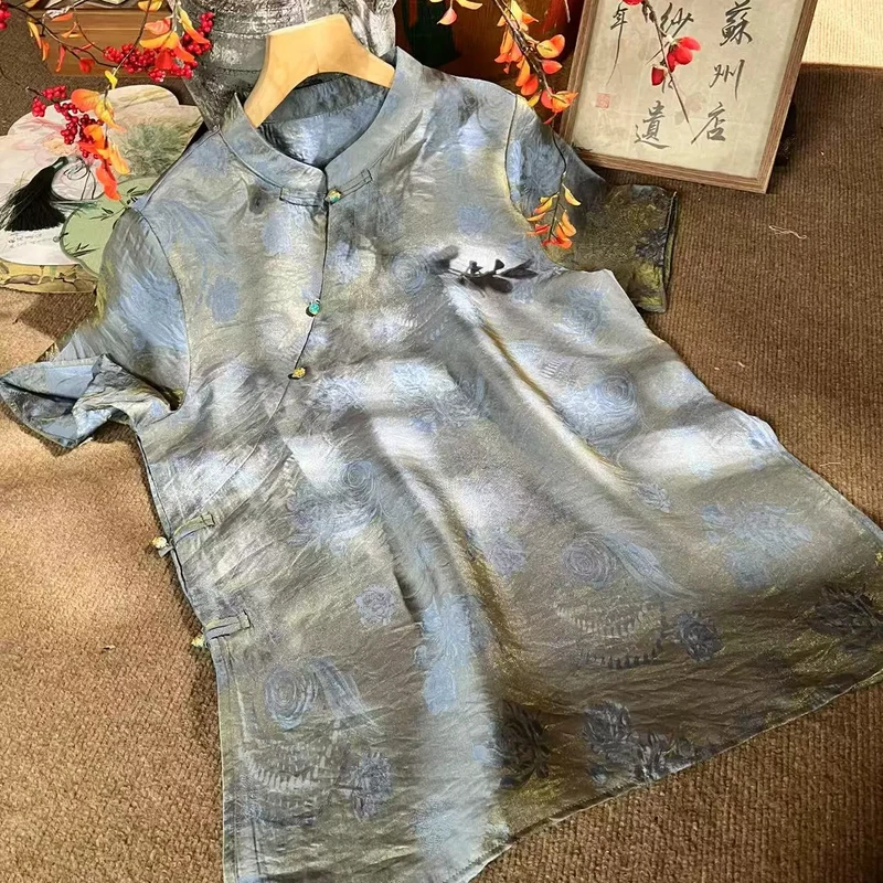 夏季新款新中式国风甜美减龄斜襟晕染花蕊浮光锦中长上衣