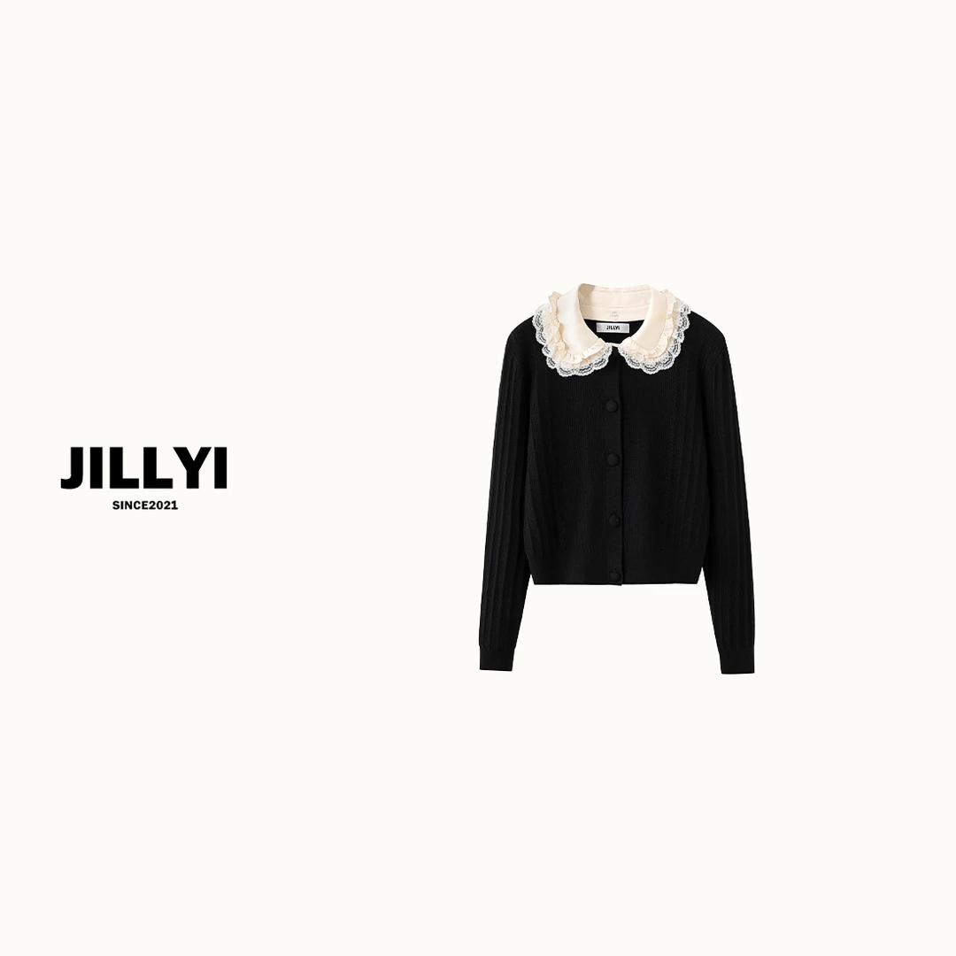 JILLYI珠海店【秋季诗歌】黑色花瓣蕾丝领轻奢时尚针织衫秋季气质百