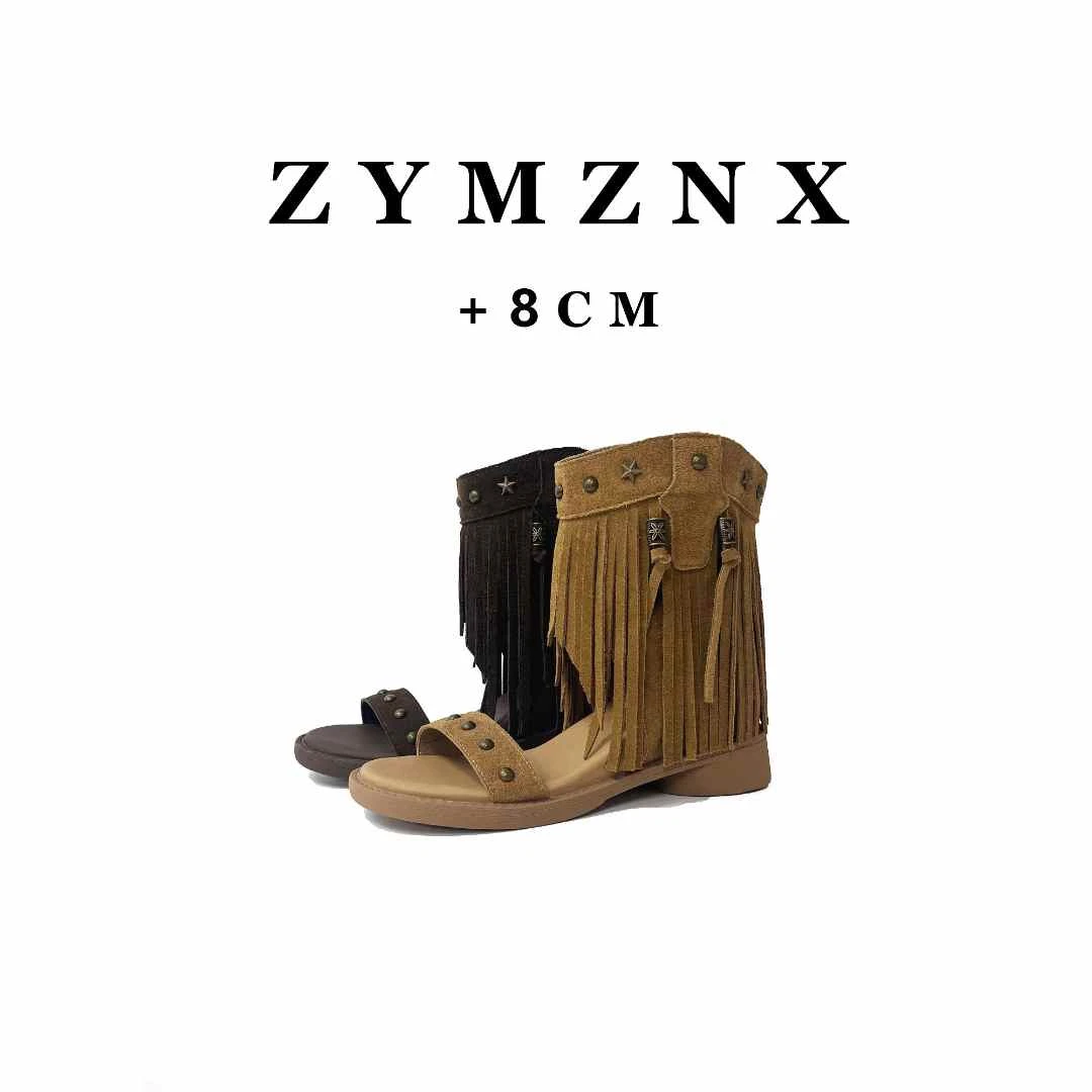 【平增高8cm】设计感流苏铆钉罗马凉鞋新款靴子女夏款高帮凉靴P060