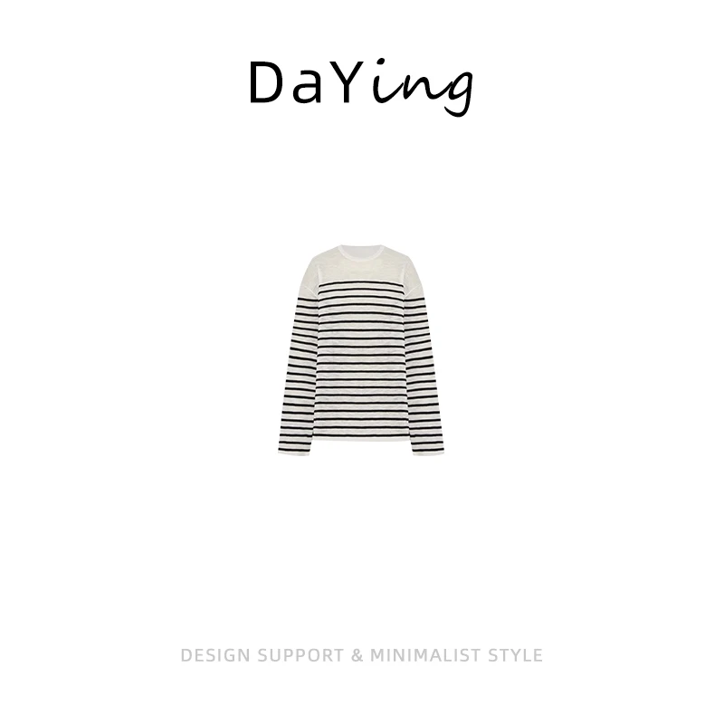 2025夏新款黑白条纹肌理感打底衫柔软舒适微透圆领亚麻针织衫