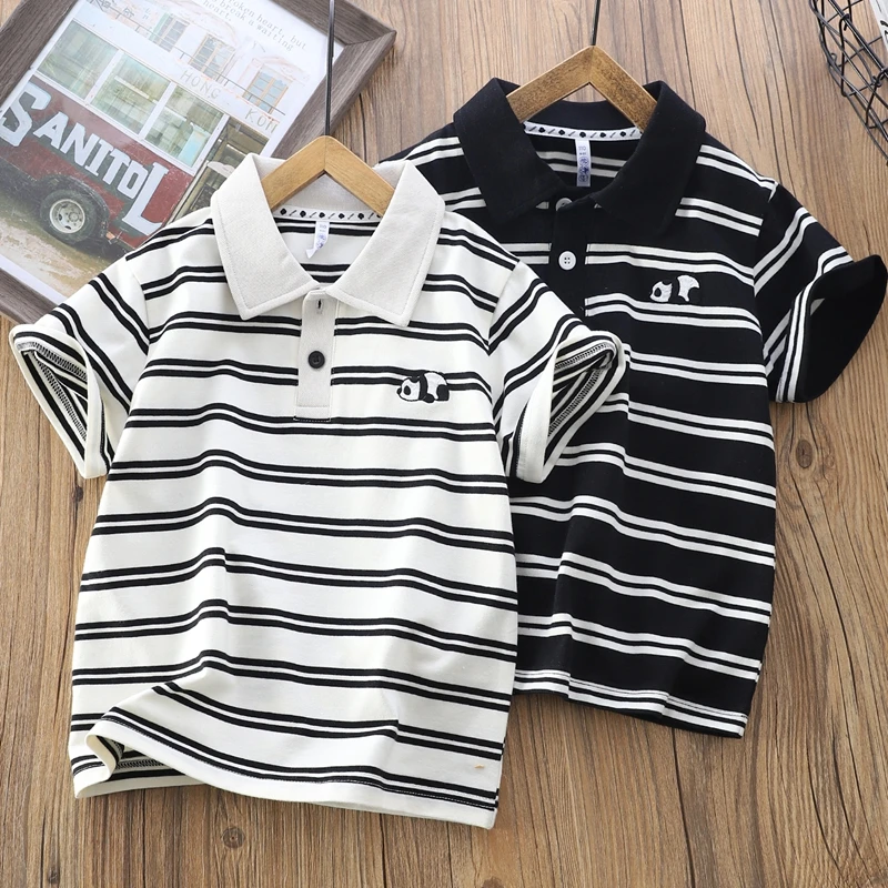 男童夏季新款卡通熊猫刺绣中大童条纹短袖POLO衫儿童翻领半袖5907