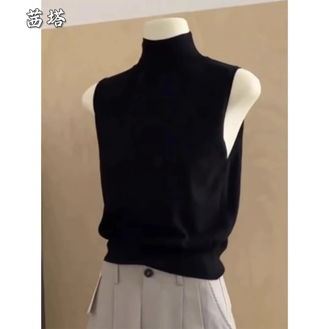 设计感名媛气质高领针织无袖背心2025早秋简约内搭黑色洋派打底衫
