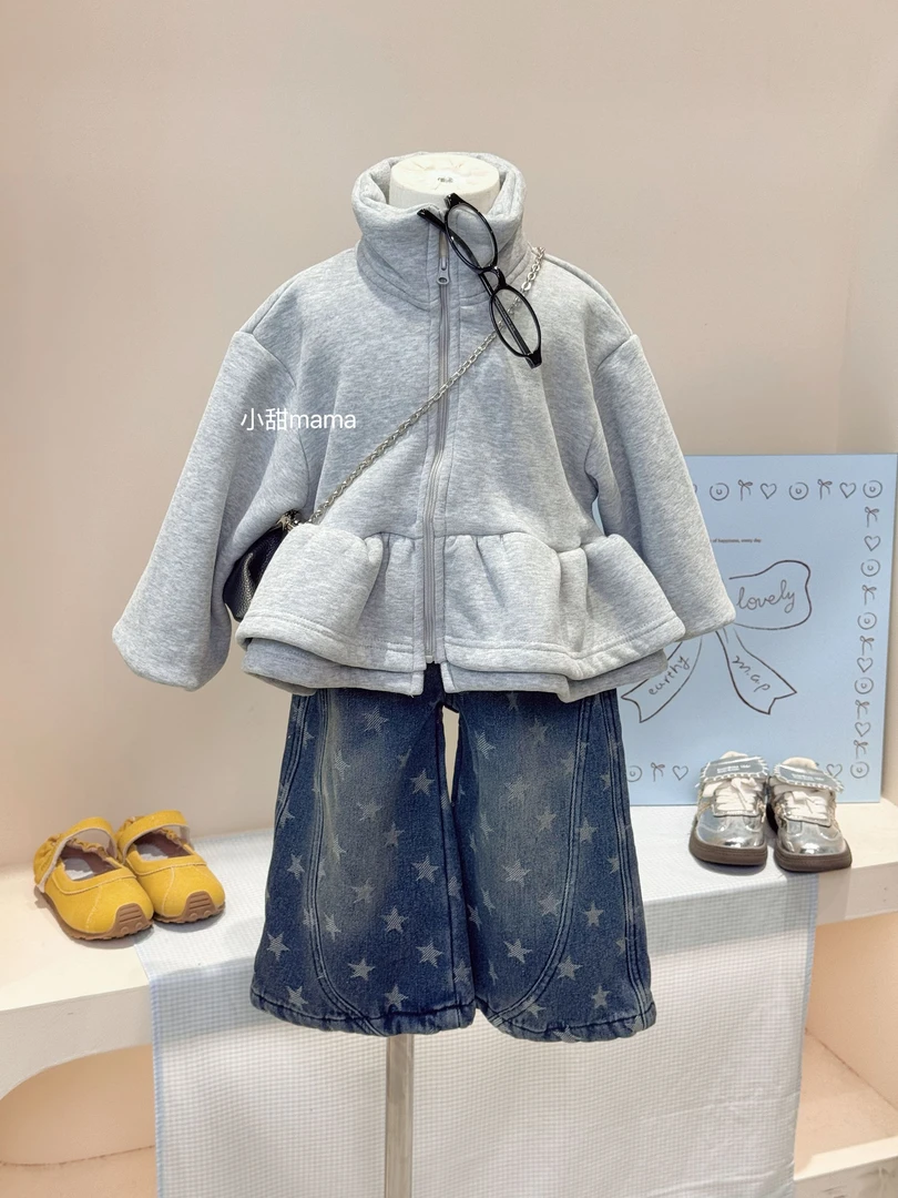 女童秋冬新款加绒拉链卫衣开衫星星牛仔裤套装女宝洋气一体绒外套
