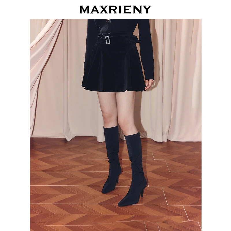 MAXRIENY法式复古气质半裙高腰丝绒短裙25秋款黑色a字压褶伞裙