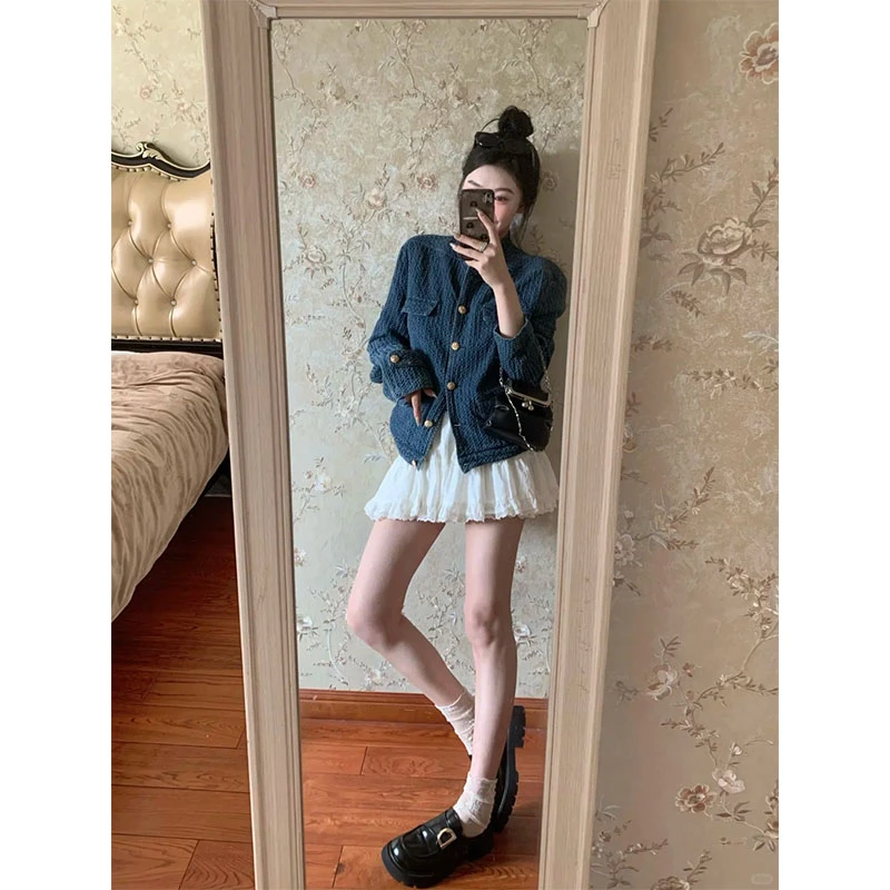 牛仔小香风外套女2025秋冬季新款小众肌理感H型立领百搭A字蓬蓬裙