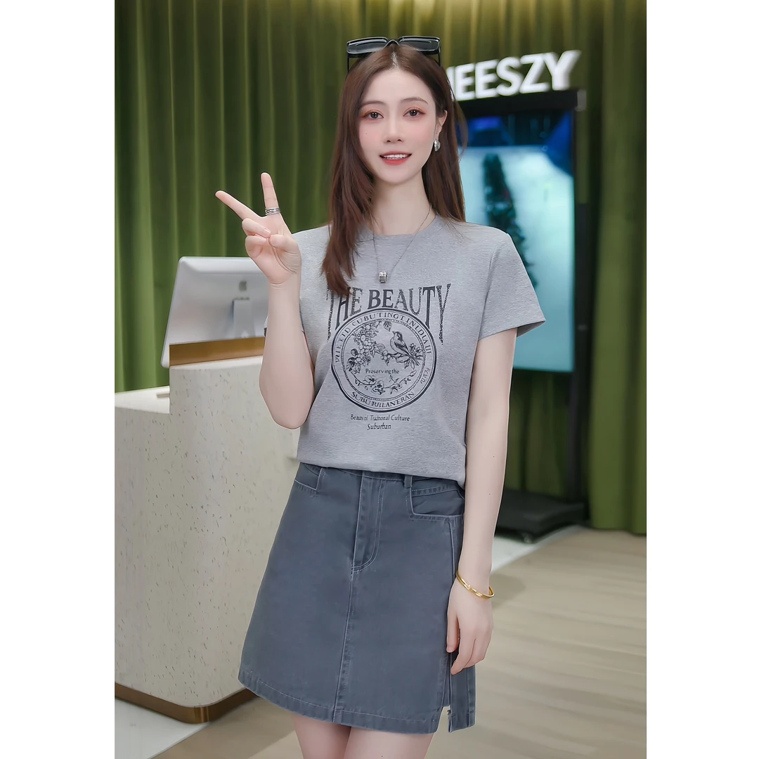 2025花纹鸟语花香修身T恤显瘦时尚复古休闲百搭设计感圆领短袖