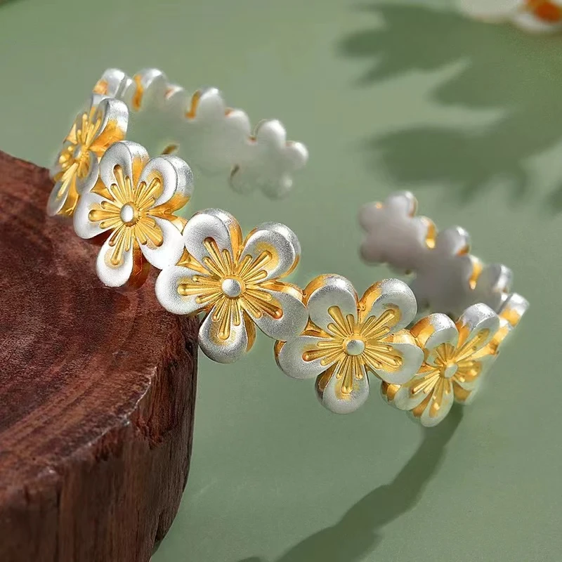 足银手镯 足银999桃花描金实心开口手镯可调节气质时尚古风