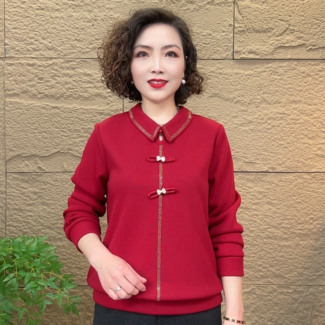 中老年妈妈春季新年新款长袖时尚气质洋气减龄保暖加绒盘扣女小衫
