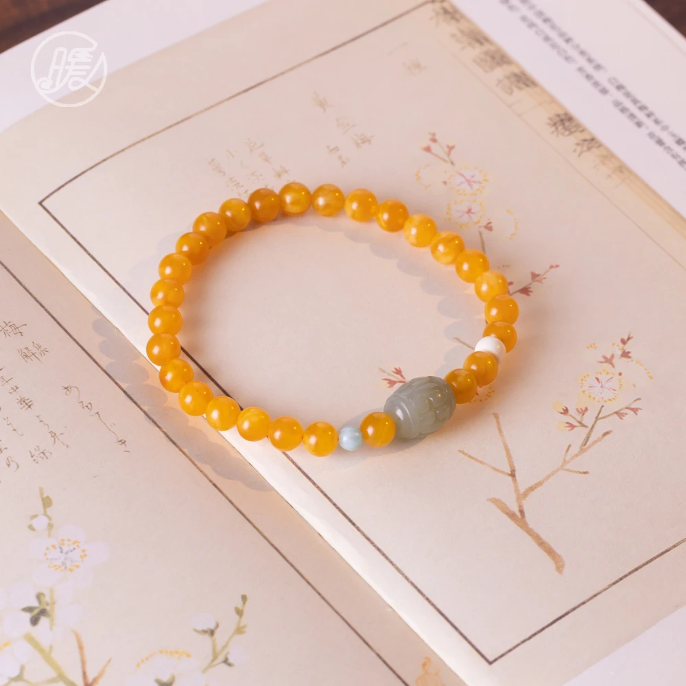 单圈蜜蜡手串6mm搭配雕刻和田玉桶珠手链E7177多样性发一