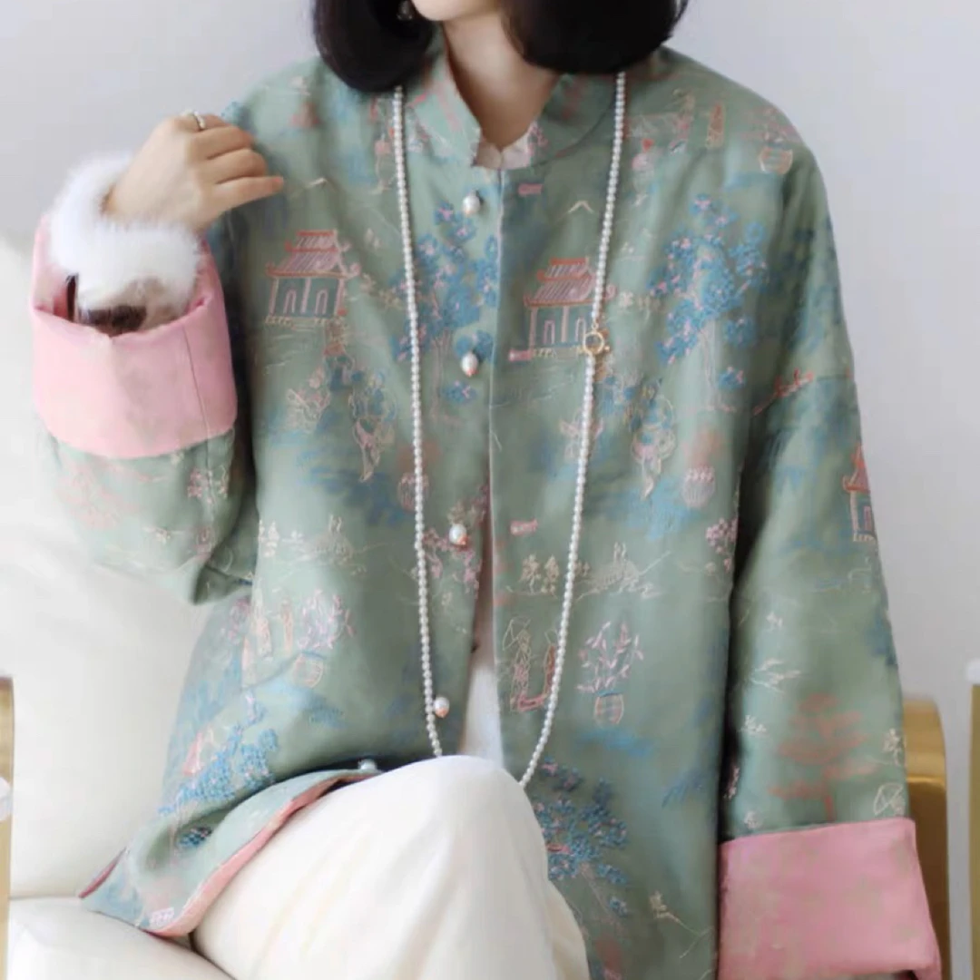 清仓DY1323樱美嘉桑蚕丝真丝盘扣立领亭台楼阁新中式双面双穿棉服