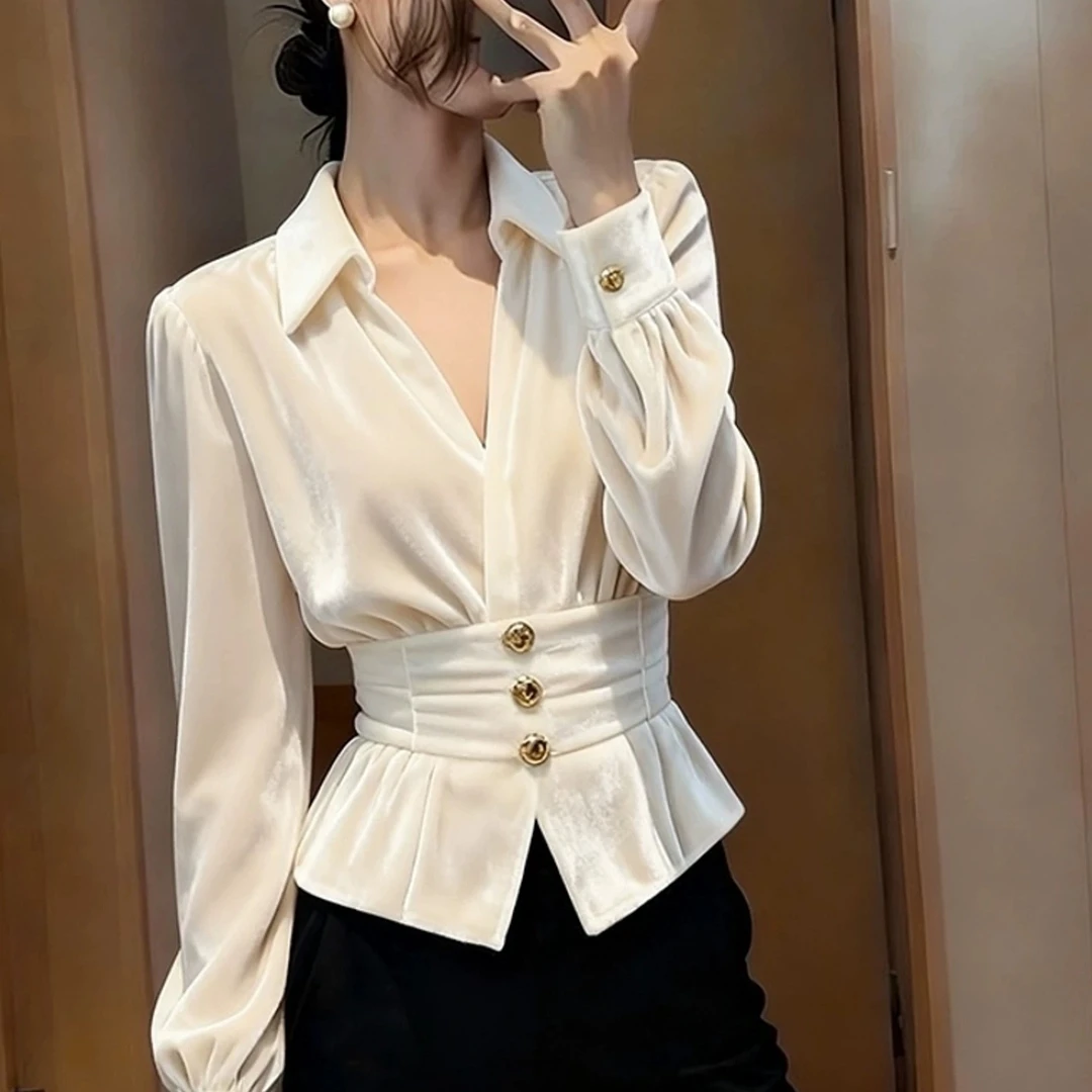 白色丝绒衬衫女秋冬轻奢高级感独特漂亮巨好看掐腰法式小资小上衣