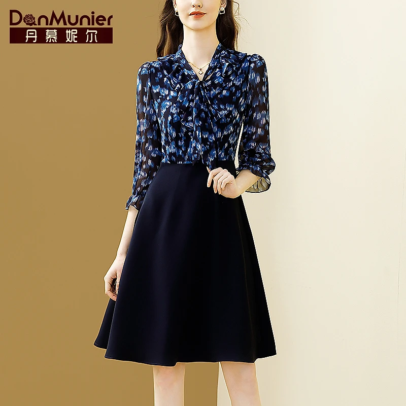 丹慕妮尔法式名媛印花拼接连衣裙女2025夏季新款气质收腰a字裙