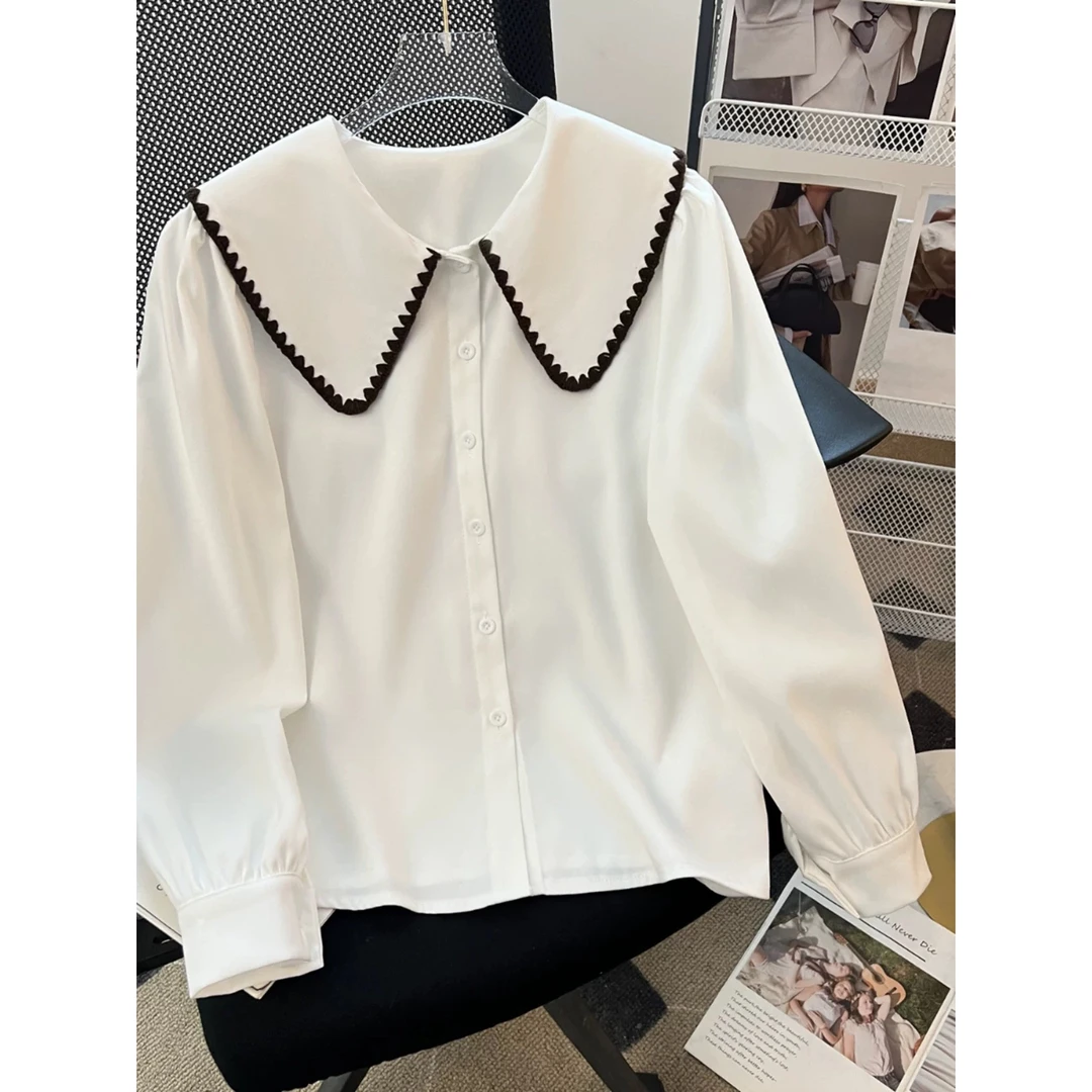 2433 GZC1洋气衬衫女长袖春秋新款韩版宽松法式娃娃领上衣