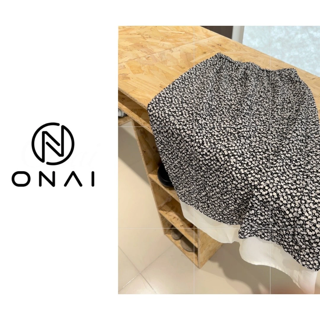 【Onai】夏季双层碎花半身裙薄款黑白碎花印花松紧腰松紧带25082