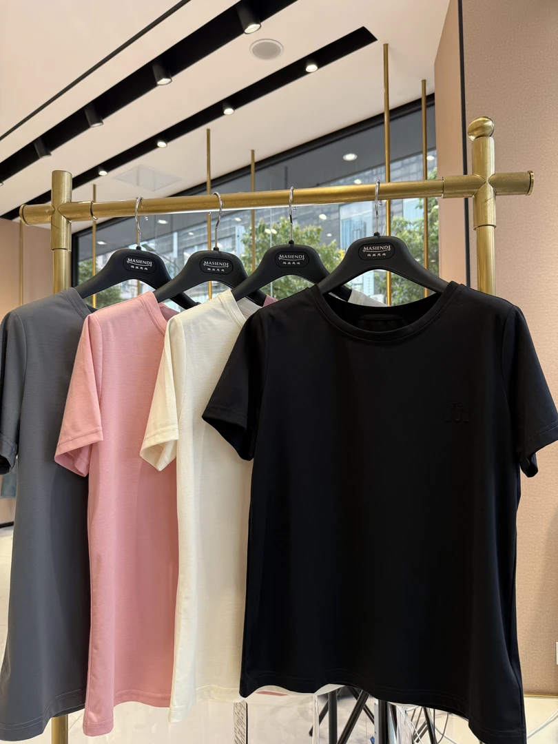 玛丝恩迪气质修身字母短袖T恤百搭纯色简约显瘦常规袖圆领修身型