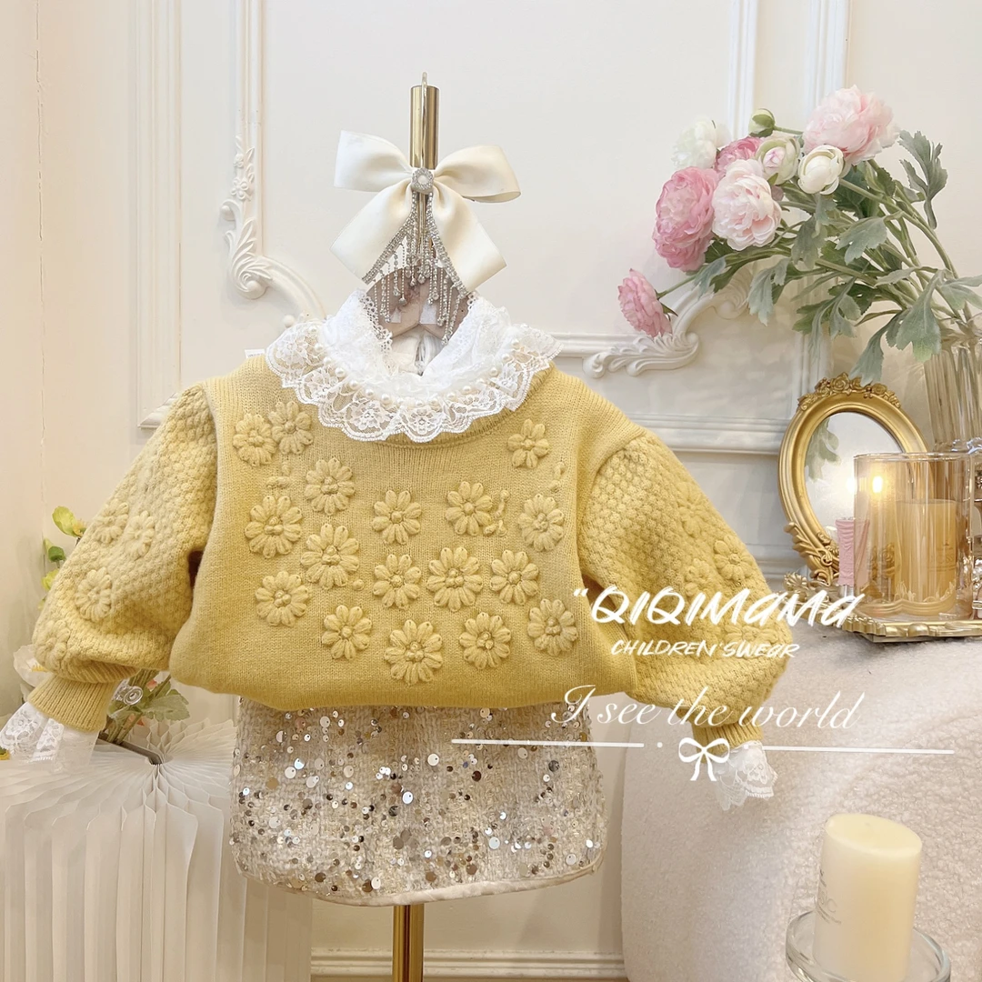 【Qi奇妈】女童儿童宝宝丝绒加厚女宝秋冬保暖冬季毛衣套装Q0483