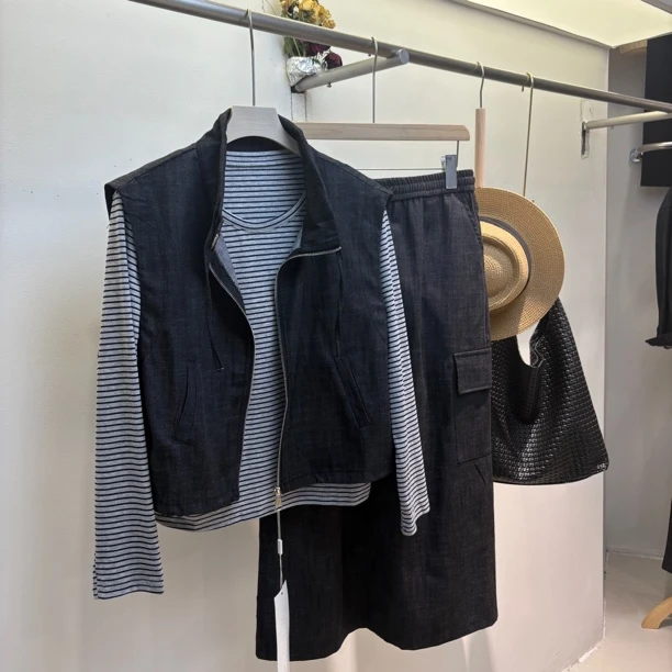 早秋季老钱风工装牛仔马甲半身裙三件套套装