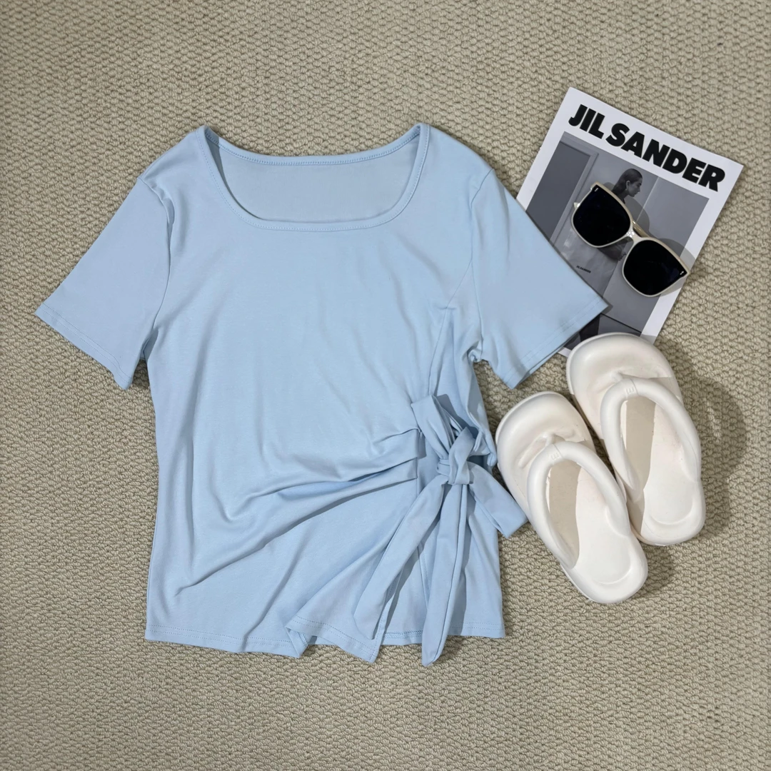 小韩日记【沐光短袖】短袖显瘦夏季修身方领百搭休闲绑带收腰6731