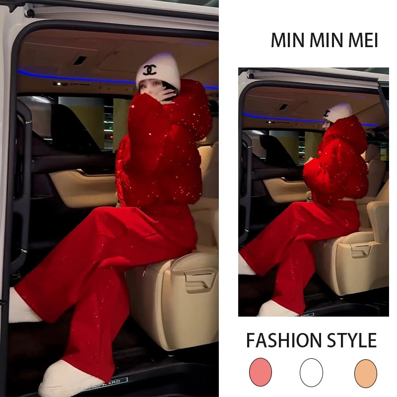 时尚百搭2025年冬季喜庆穿搭红色连帽加厚棉服加绒休闲裤两件套女