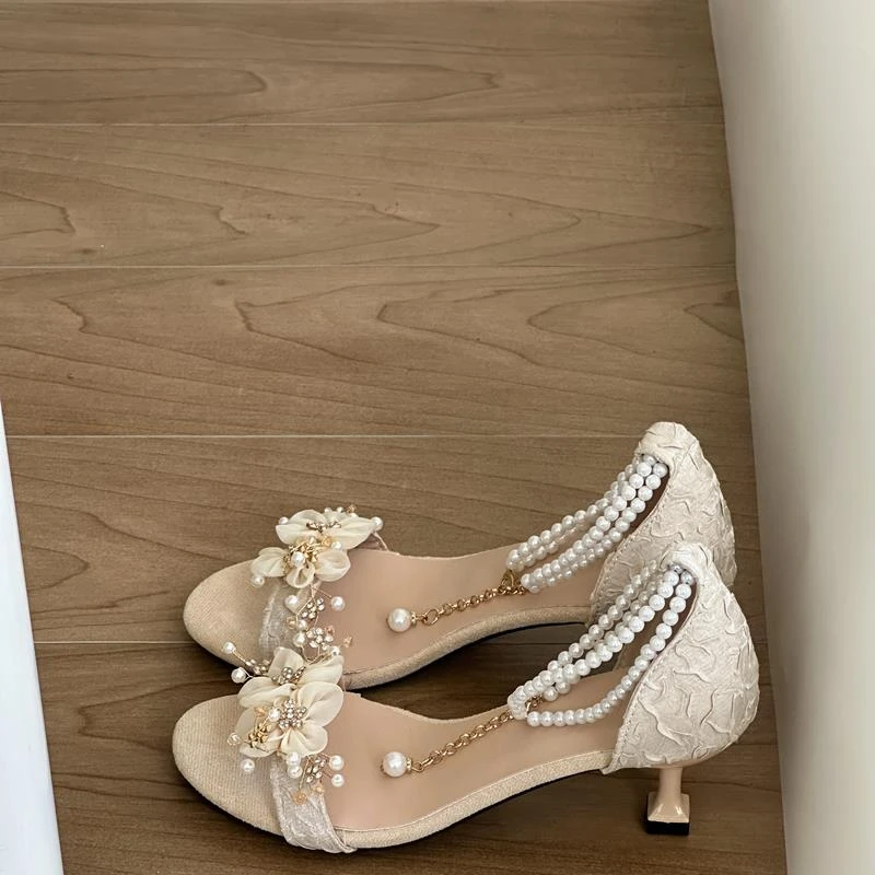 绝美仙女风凉鞋女夏季一字带气质不累脚公主气质珍珠配裙子高跟鞋