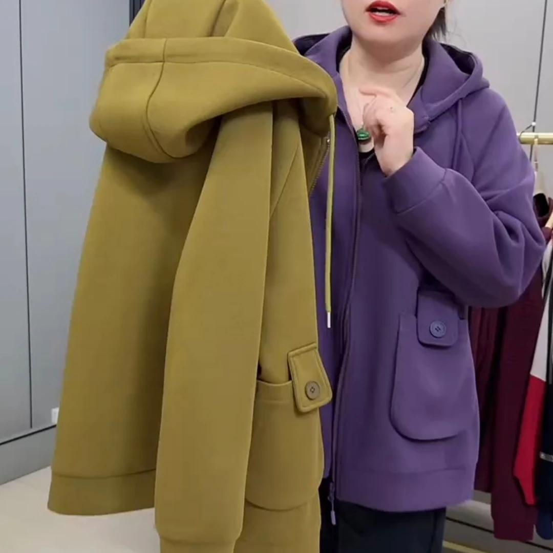 26120-秋款大码连帽秋纯色宽松遮肉外套（有里衬）