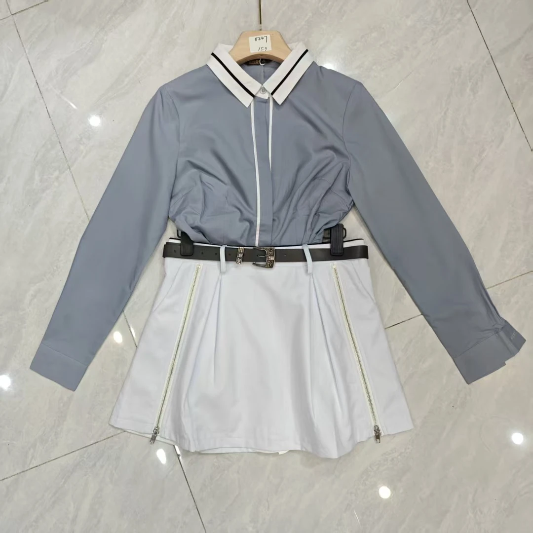 0247+0125+腰带轻职风长袖秋季法式收腰女衬衫女款蓝色百搭薄款