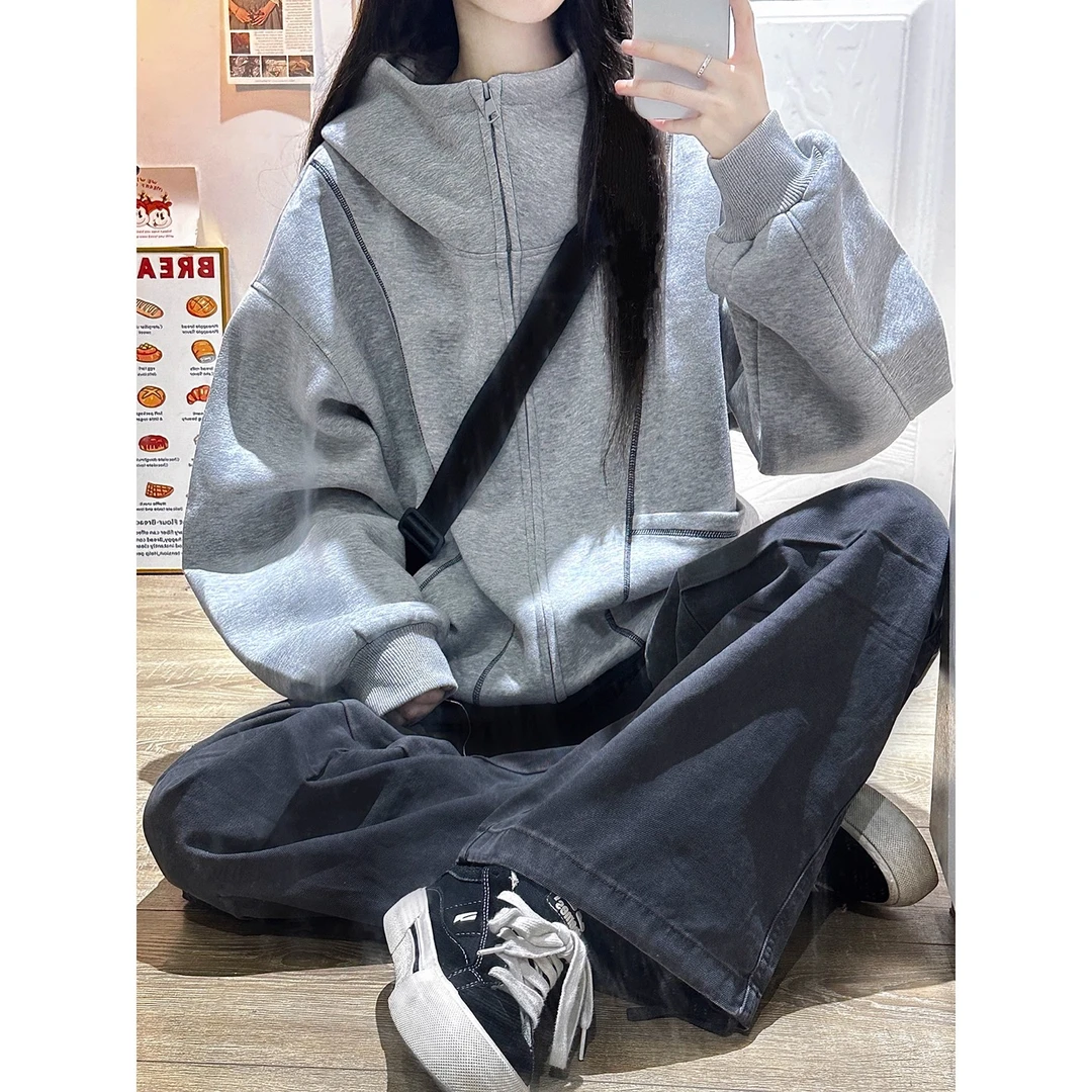 大码300斤设计感分割线条连帽卫衣男女秋季美式复古宽松灰色外套2