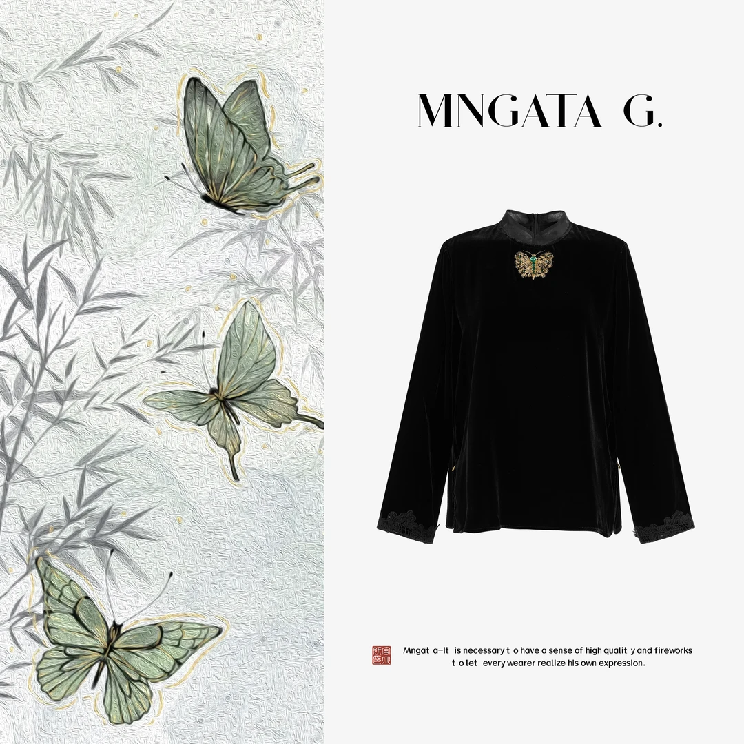 MNGATA G.宫小妍【真丝·绿金蝶】真丝丝绒早秋中式国风上衣5052649