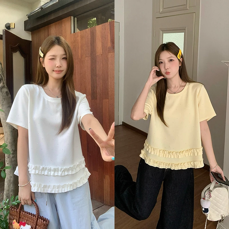 2025夏装新款胖mm大码女时尚甜美重工烫钻花边正肩短袖T恤A1382