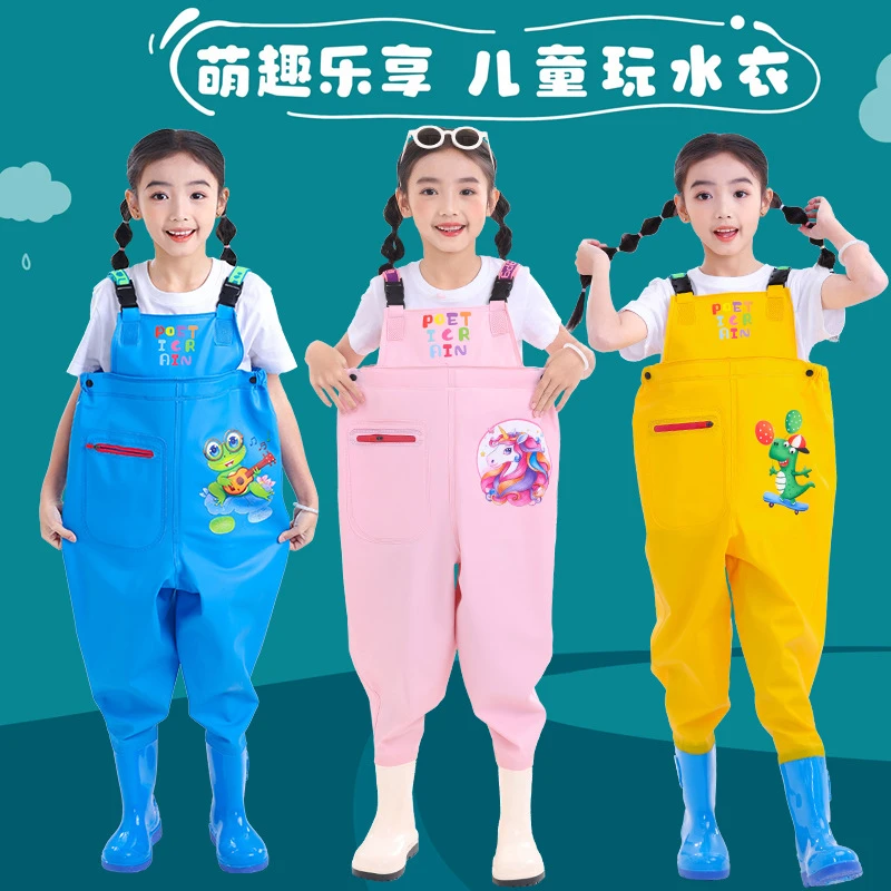 儿童连体下水裤幼儿园玩水沙衣服小孩赶海装备防水雨裤雨鞋男女童