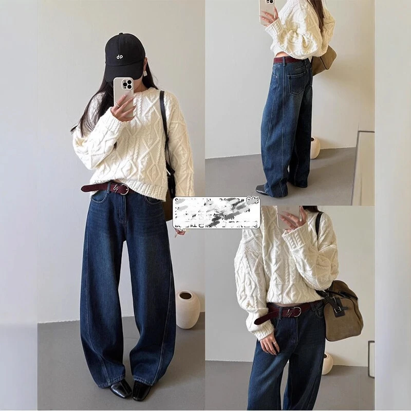 素心兰/YOUMO-冬季慵懒款弯刀阔腿裤牛仔裤加厚绒保暖