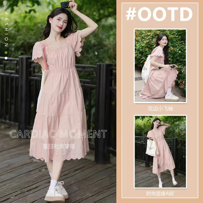 粉韵小飞袖夏季外出哺乳月子服法式产后喂奶外穿温柔风显瘦连衣裙