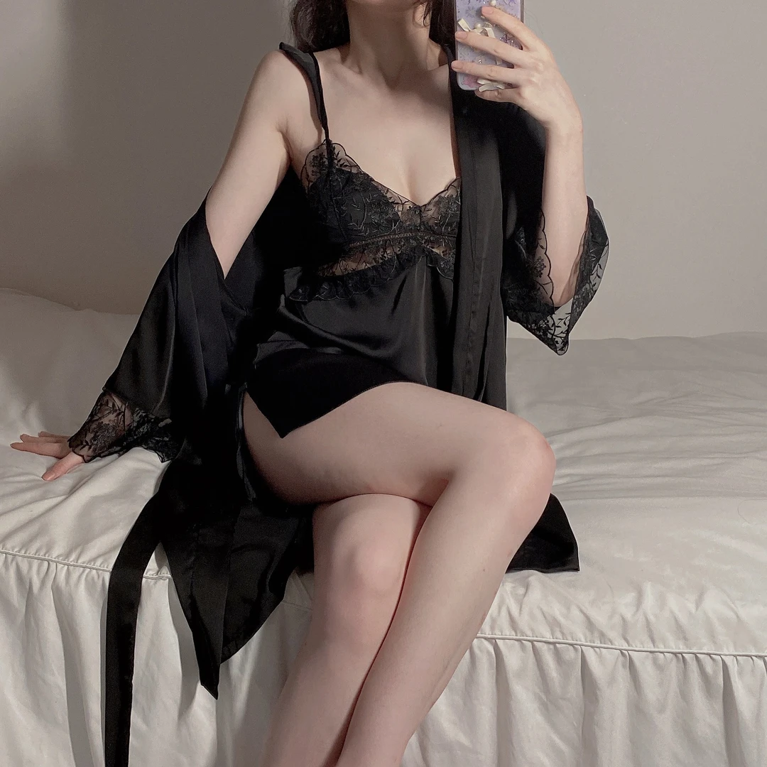 【落日霞帔】夏季法式蕾丝睡裙女吊带睡袍两件套冰雪丝性感纯欲风