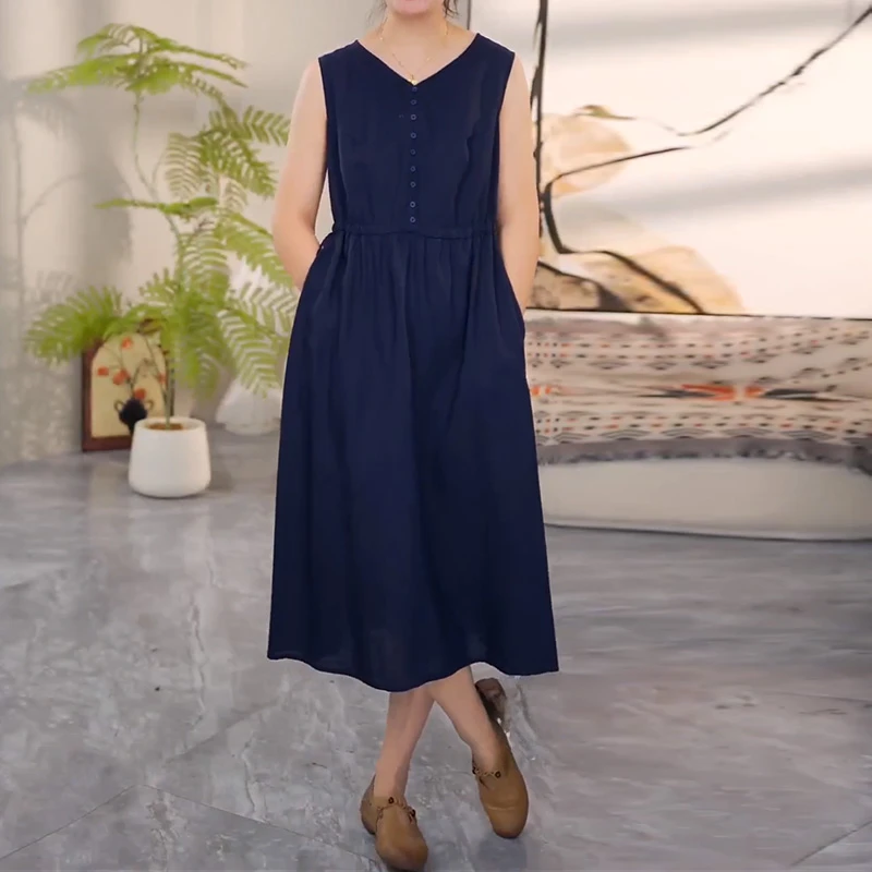高级感气质连衣裙女2025夏装新款韩版时尚V领纽扣无袖收腰A字长裙