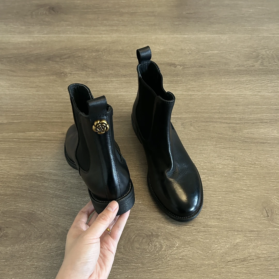 Dannyfrey英伦风复古山茶花切尔西靴女一脚蹬粗跟百搭女士小短靴