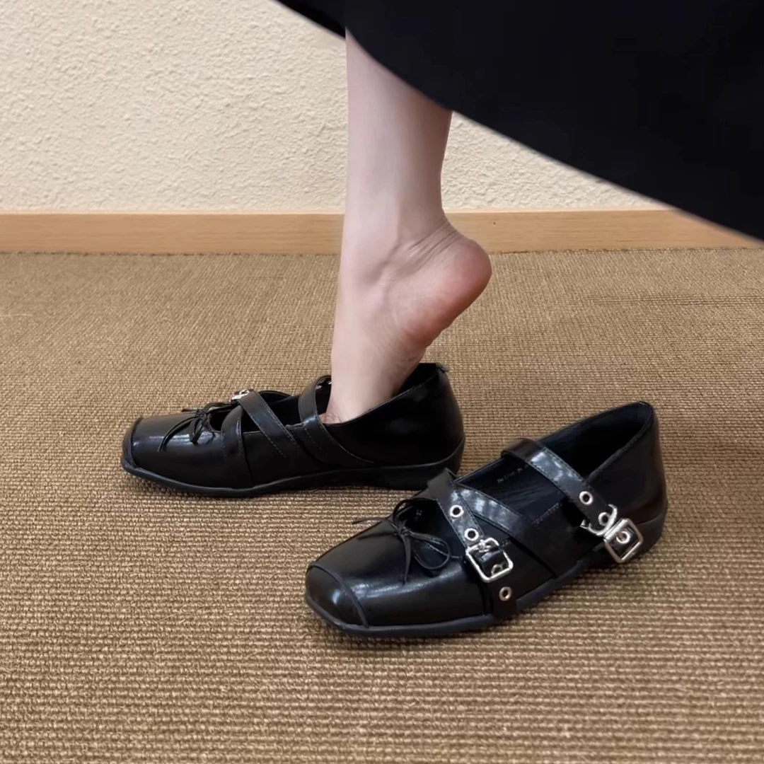 Pokoy-3.5cm法式复古交叉带舒适浅口女单鞋方头外穿平底