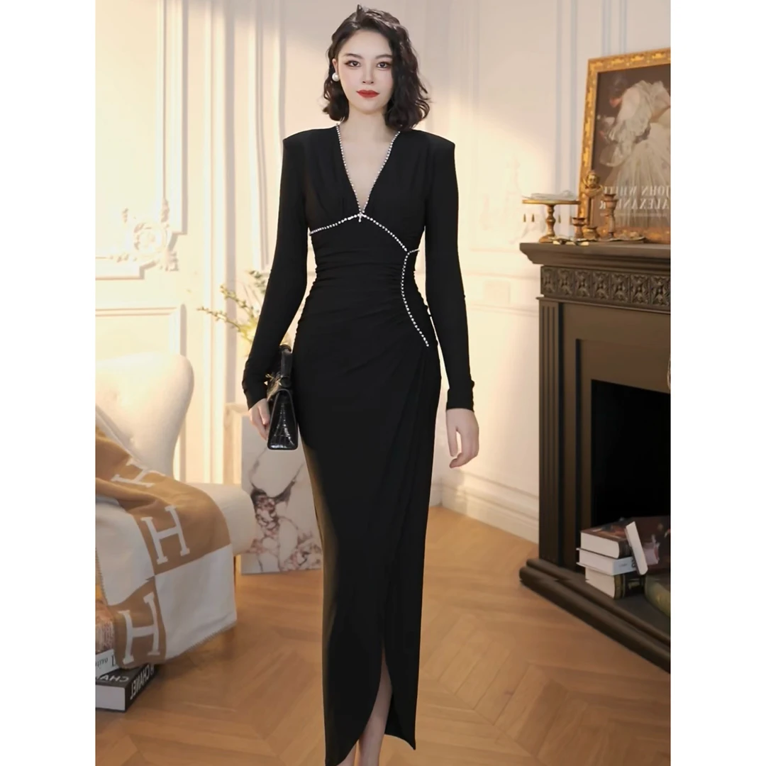 XUANYAN  气质黑色钉珠连衣裙修身黑色法式复古轻奢