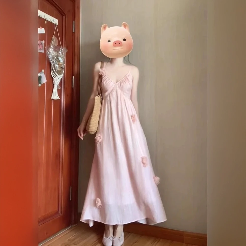 法式绝美气质仙气吊带连衣裙女装2025夏季新款度假风花朵粉色长裙