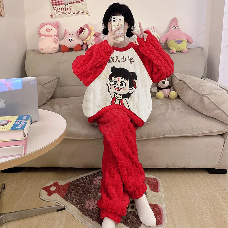 睡衣少女冬款保暖法兰绒哪吒加绒加厚女童珊瑚绒中大童女孩家居服