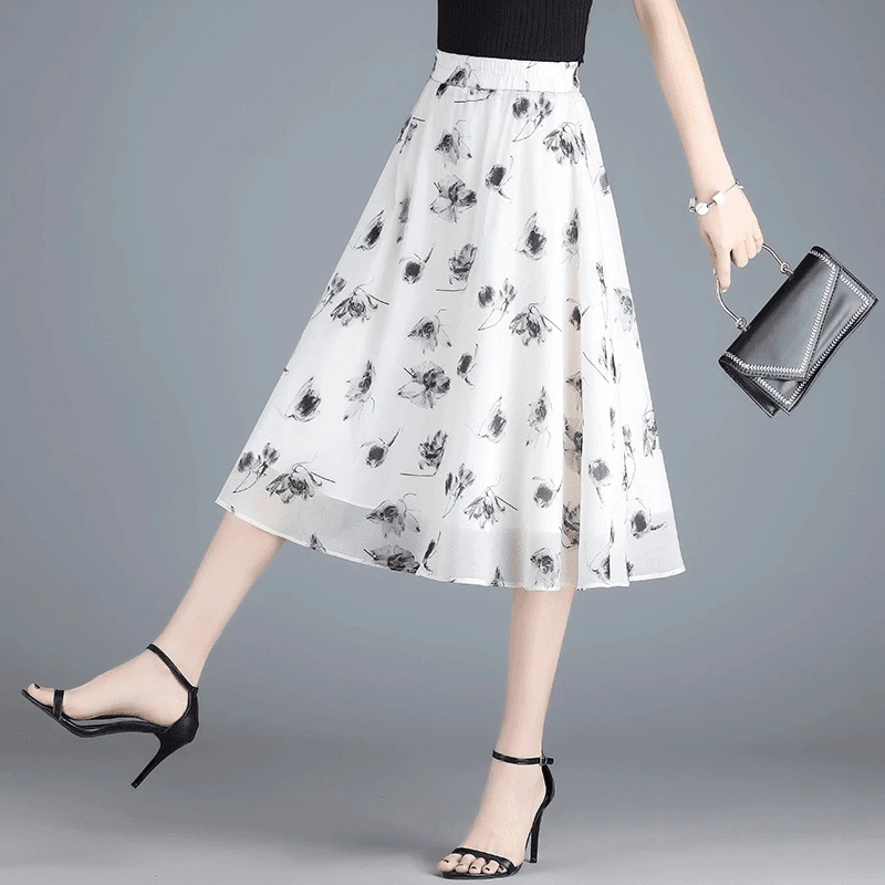 印花白色雪纺半身裙女中长款2025夏季薄款半裙高腰大摆显瘦a字裙