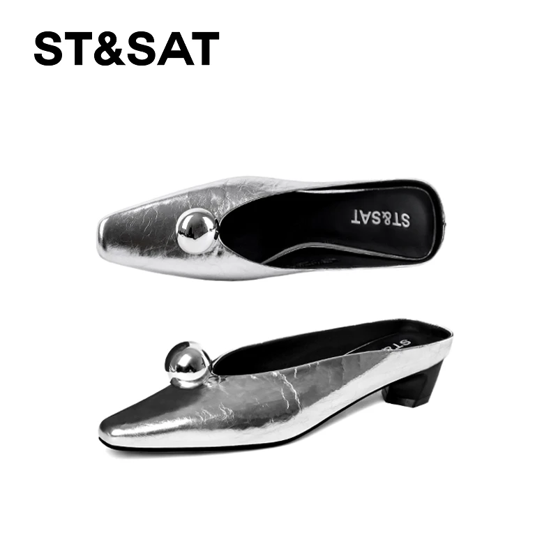 St&Sat/星期六百搭方头凉拖圆球气质浅口韩版包头拖时尚粗跟单鞋